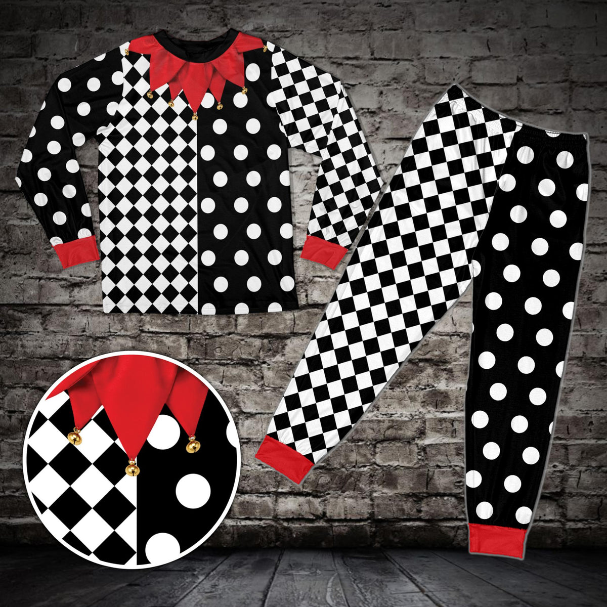 Multicolor creepy jester pajama set front view third angle