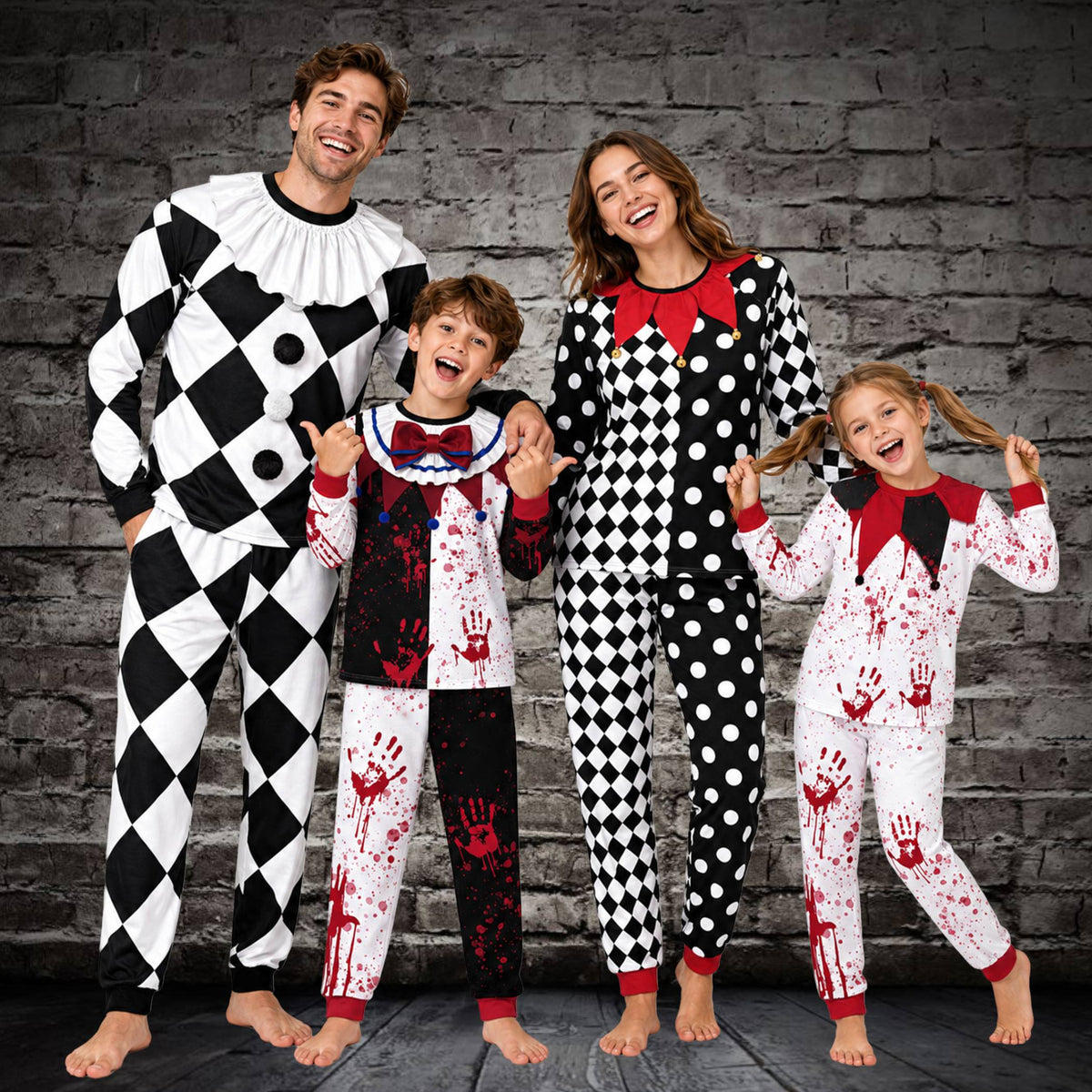 Second lifestyle view of a family wearing matching clown Halloween pajamas