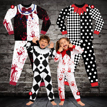 Lifestyle view of a family wearing matching clown Halloween pajamas