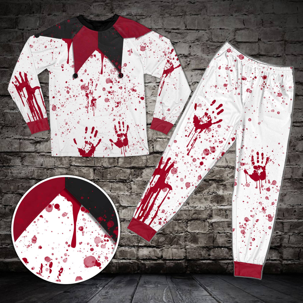 White and black clown Halloween pajama set front view