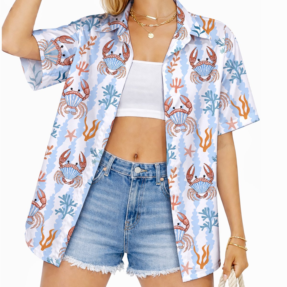 Front view of the polyester coastal nautical pajama set