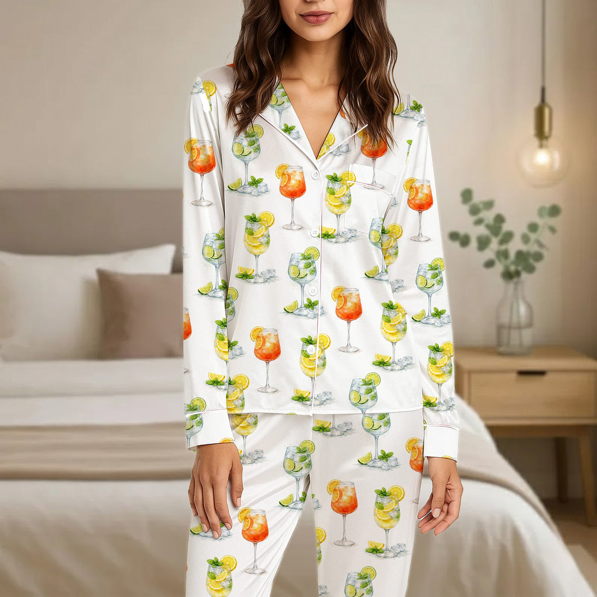 Matching family pajamas with orange spritz and mojito watercolor print, front view 2