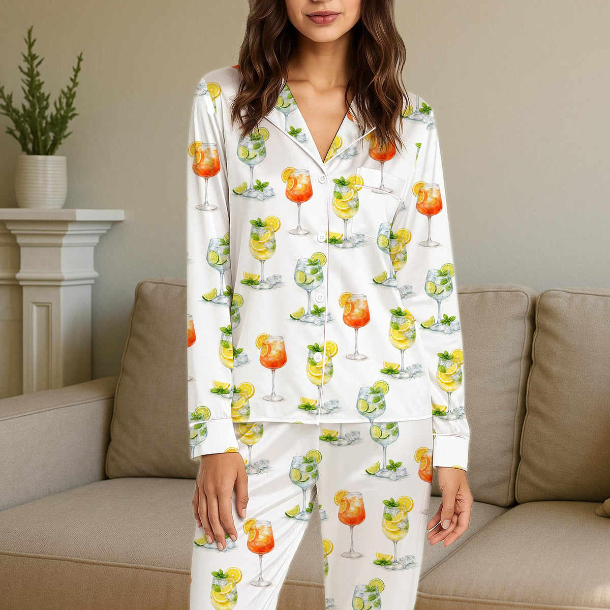 Summer cocktails pajama set in white with colorful drink graphics, front view 5