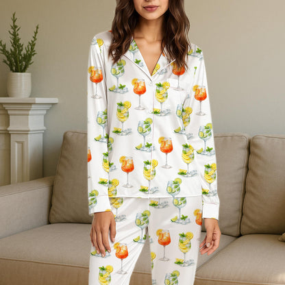 Summer cocktails pajama set in white with colorful drink graphics, front view 5