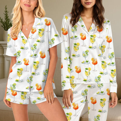 White cocktails pajama set featuring watercolor summer drinks print, front view 6
