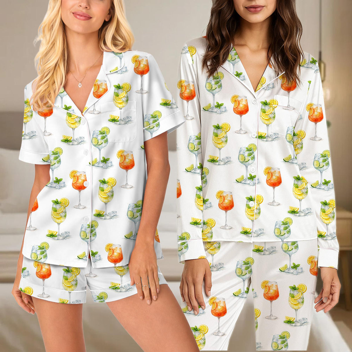 White cocktails pajama set featuring watercolor summer drinks print, front view