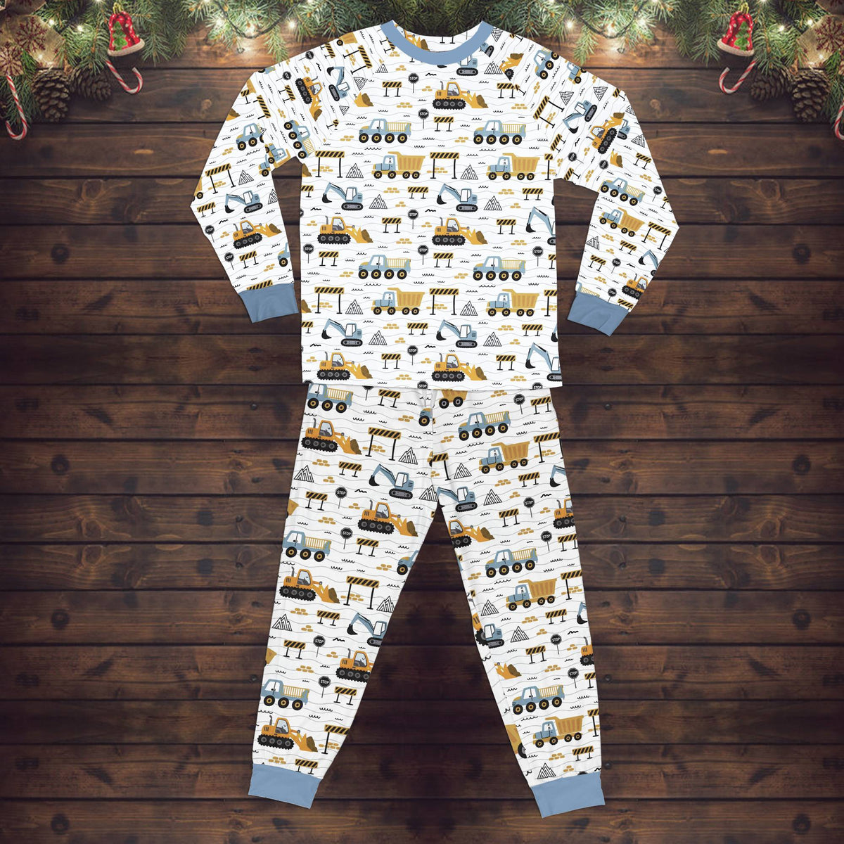 Close up front view of the construction pajama set