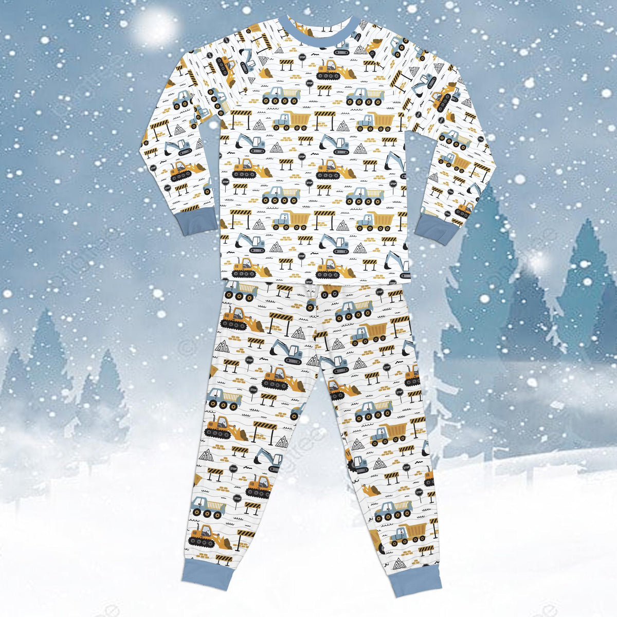 Construction pajama set featuring yellow excavators and dump trucks on white, main view