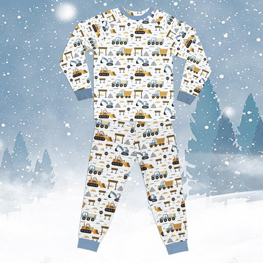 Construction pajama set featuring yellow excavators and dump trucks on white, main view