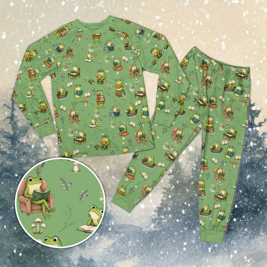Cottagecore reading frogs family xmas matching pajamas front view