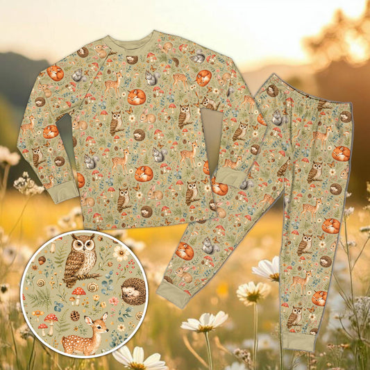 Matching family pajamas with cottagecore woodland animal design, main view