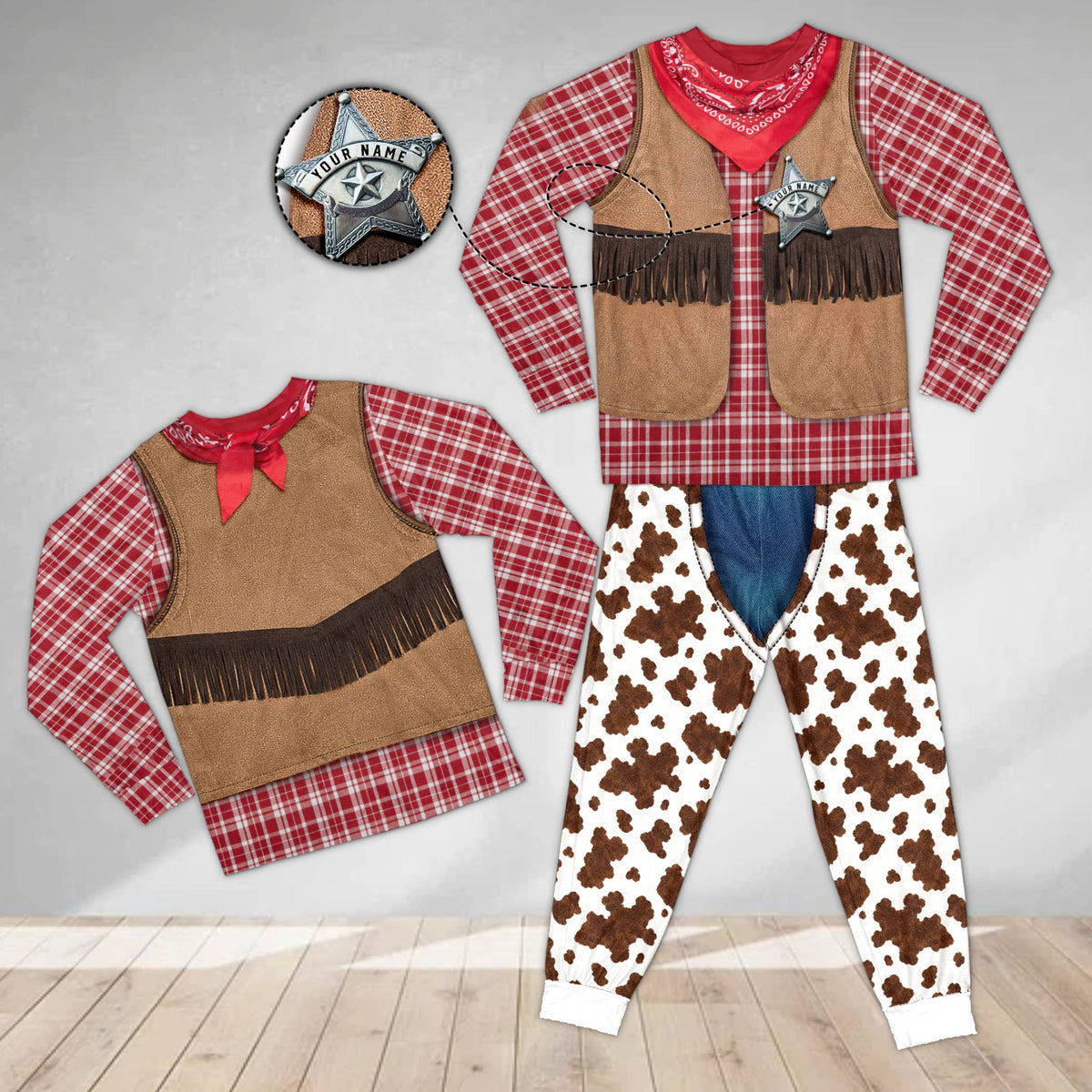 Main view of the custom cowboy pajama set featuring a printed sheriff vest and chaps
