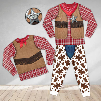 Main view of the custom cowboy pajama set featuring a printed sheriff vest and chaps