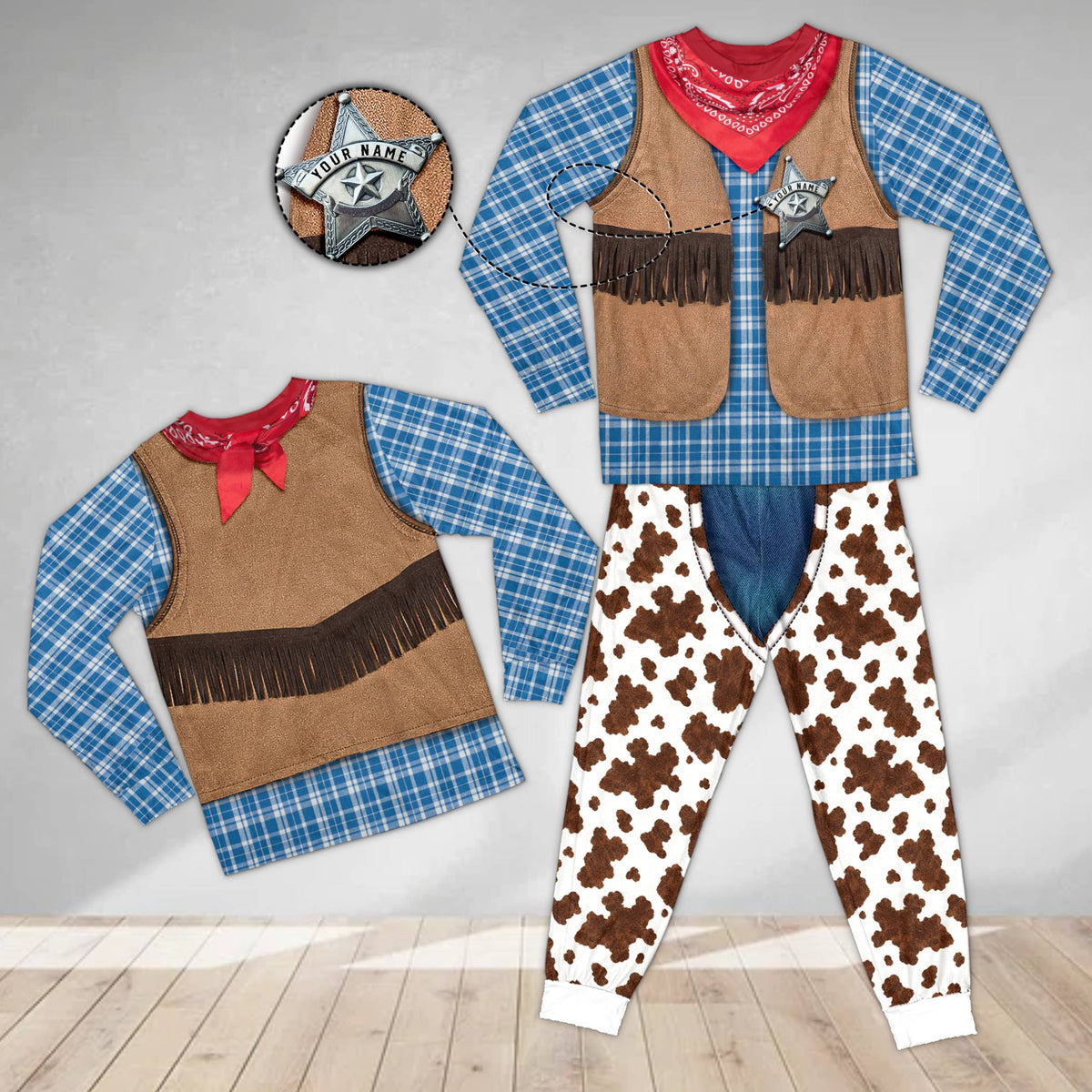 Alternative front view of the cowboy pajama set showing the red bandana detail