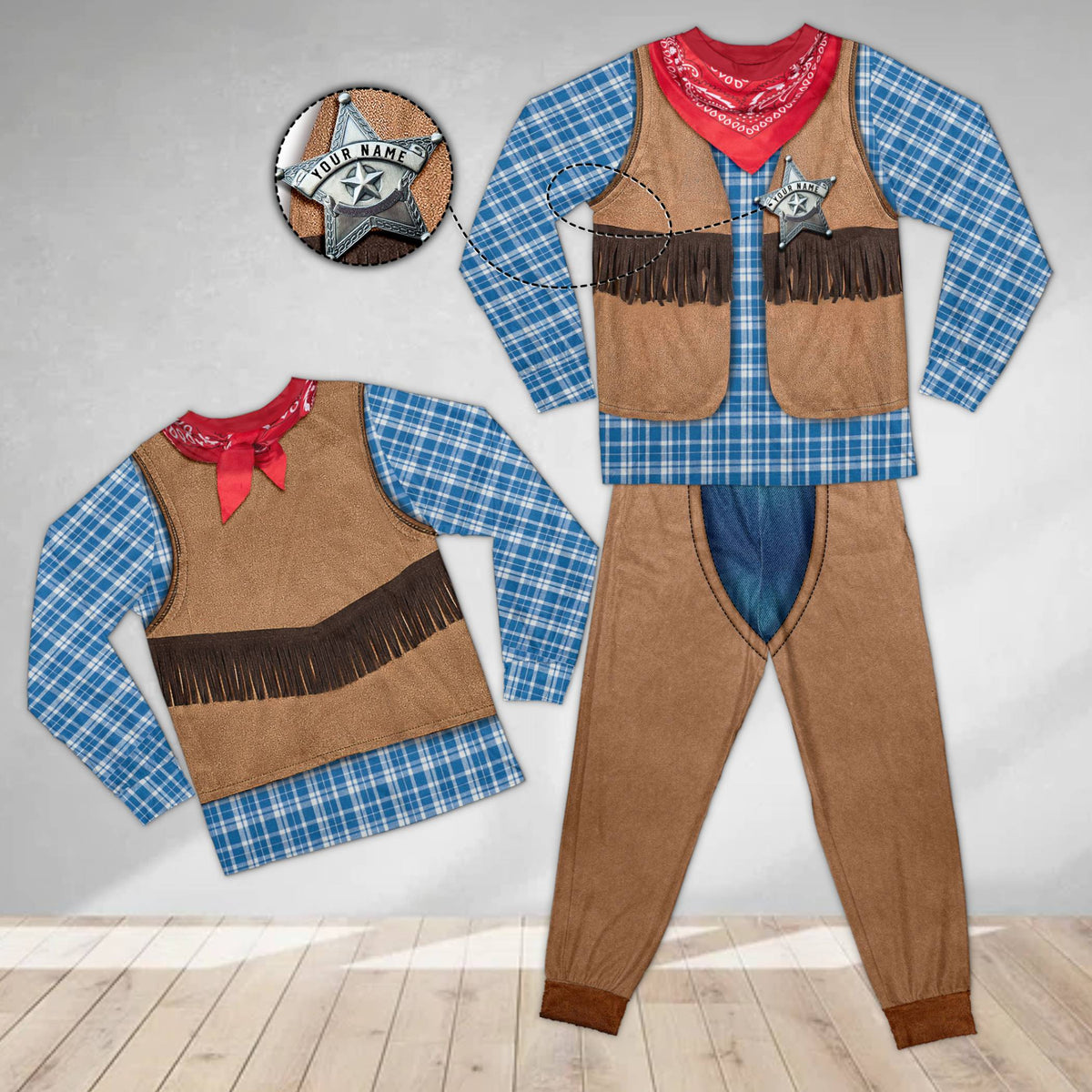 Close up front view of the personalized name and number on the cowboy sleepwear