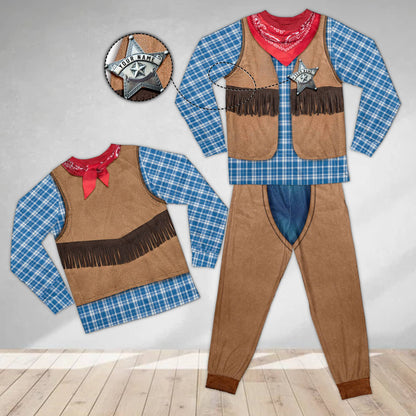 Close up front view of the personalized name and number on the cowboy sleepwear