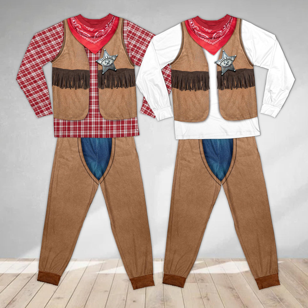 Another front view of the trompe l'oeil cowboy pajama outfit