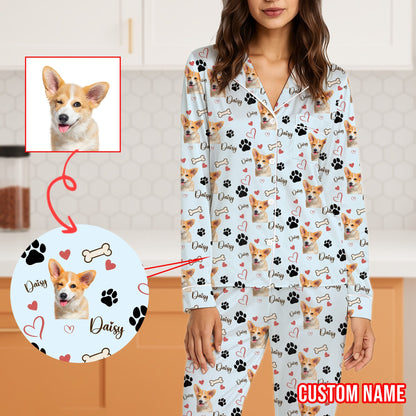 Adult wearing a custom pet pajama set, front view