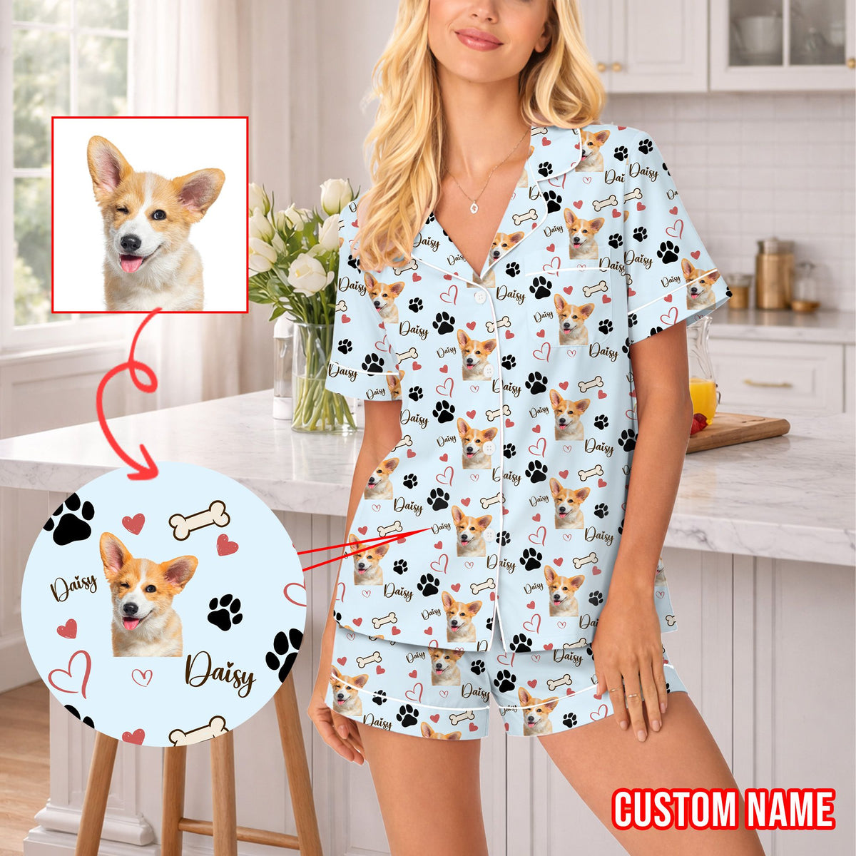 Adult wearing a blue custom pajama set with pet photo pattern, front view
