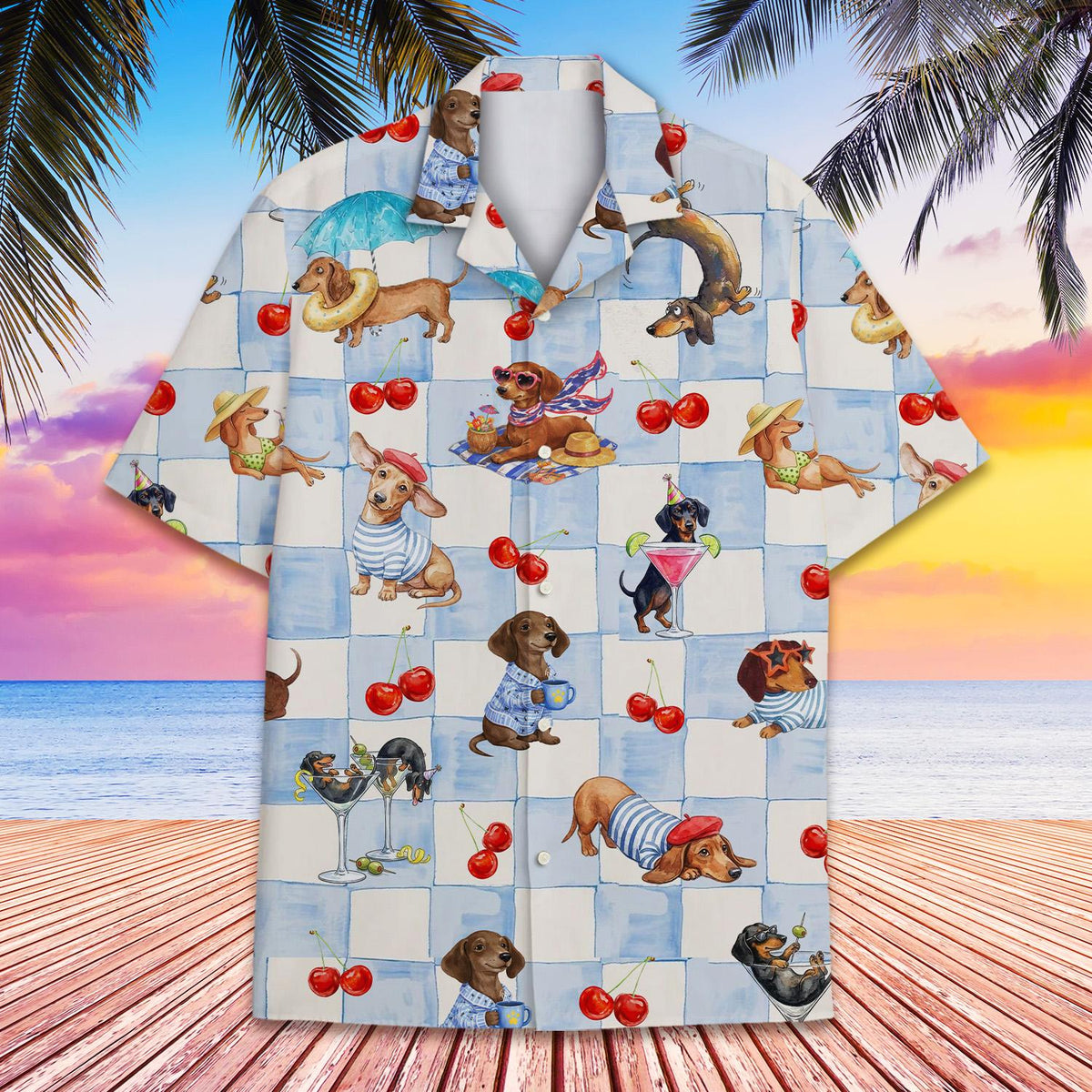 Detailed front view of the playful dachshund dogs design on the pajama top