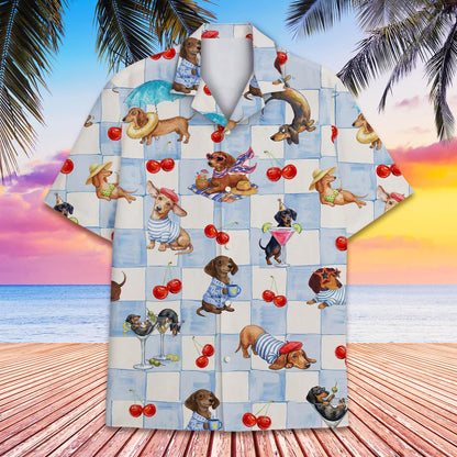Detailed front view of the playful dachshund dogs design on the pajama top