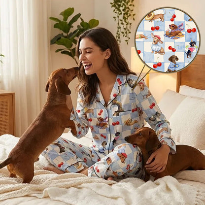 Third lifestyle view showing people lounging in the dachshund dogs pajama set