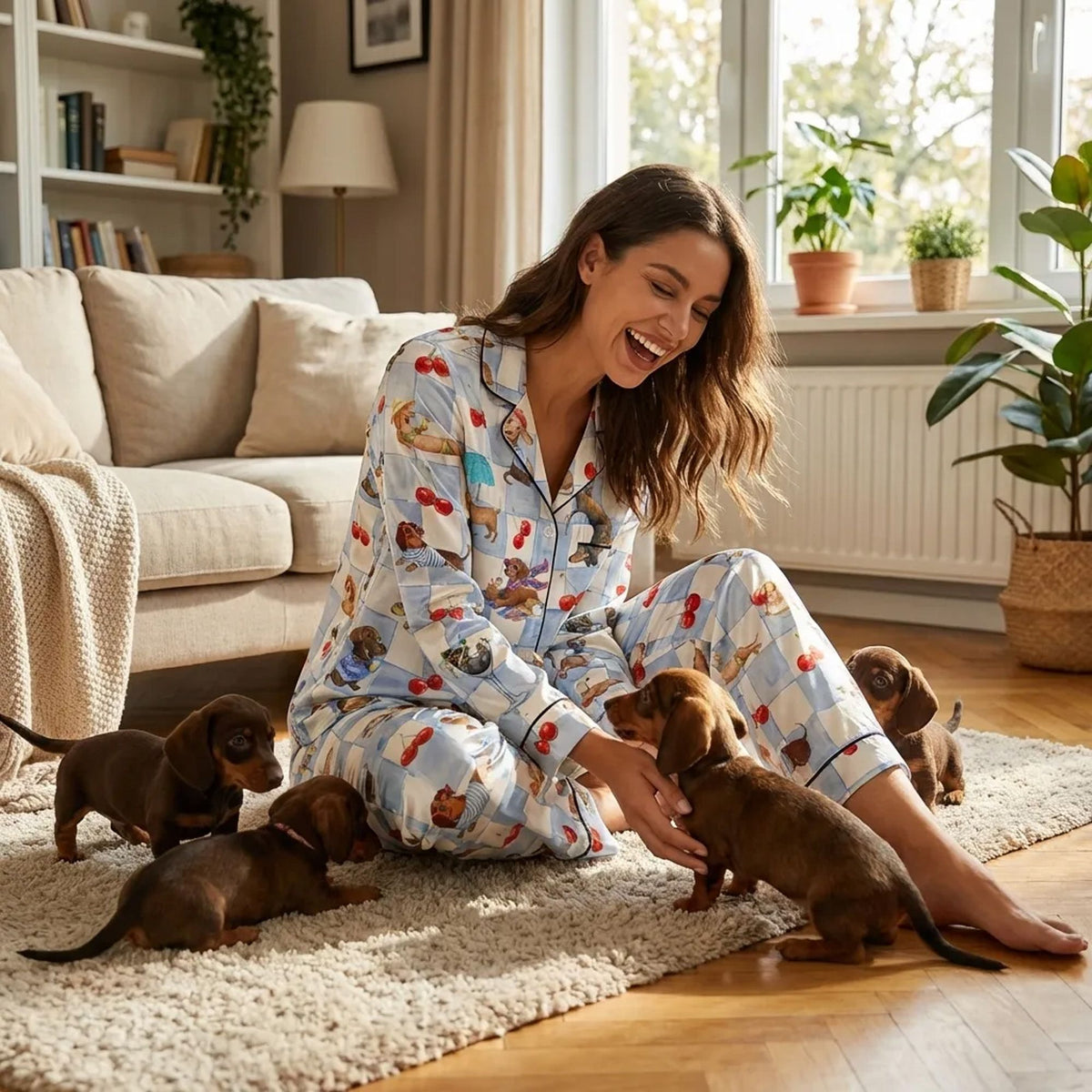 Lifestyle view of the family wearing holiday matching family pajamas