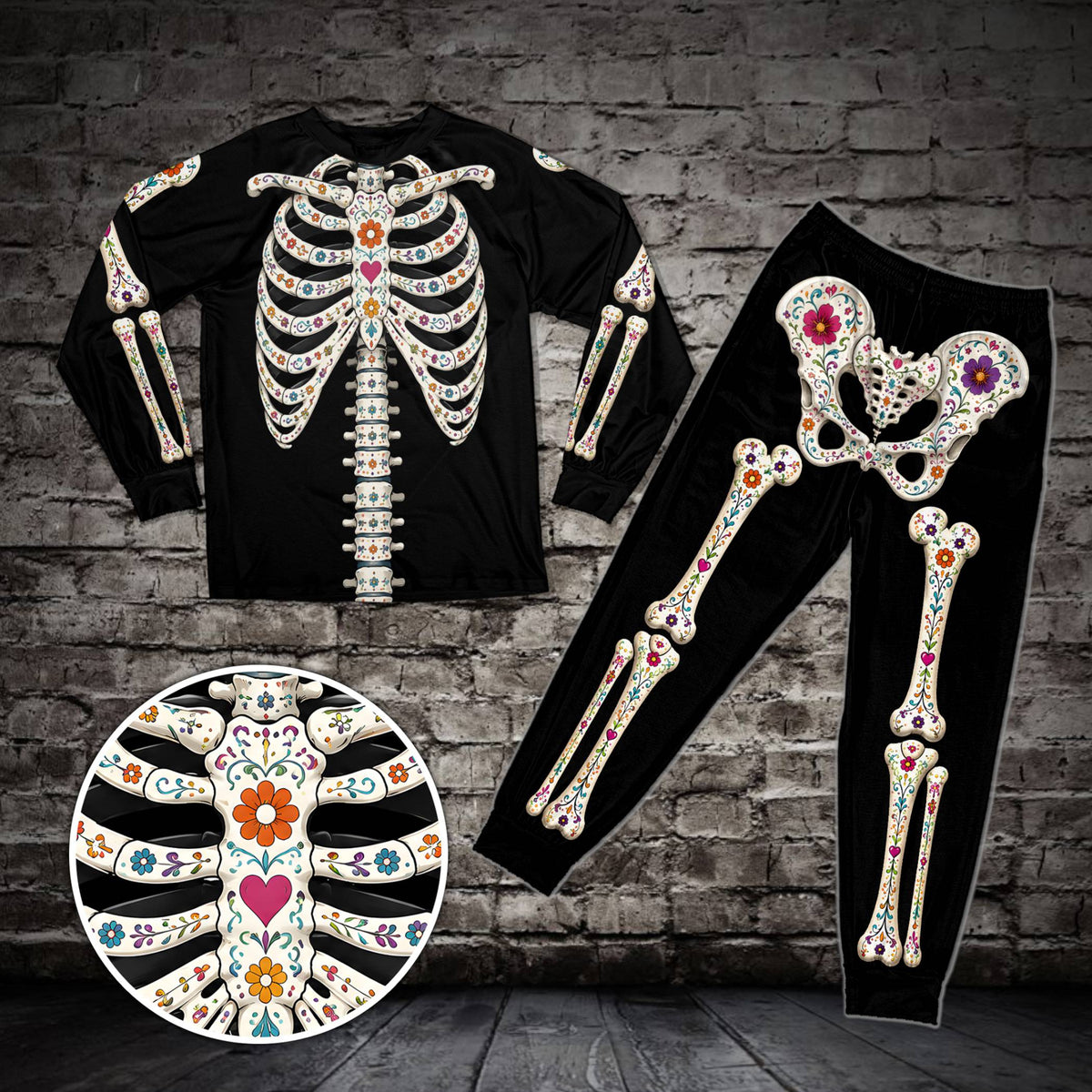 Front view of the Day of the Dead matching family pajama set highlighting the colorful sugar skull inspired art