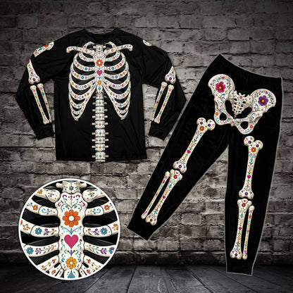 Day of the Dead pajama set featuring a black long-sleeve shirt and pants with a floral skeleton design