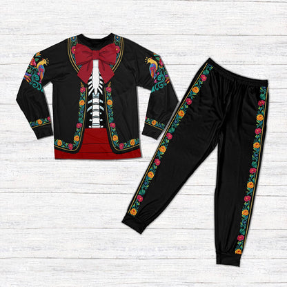 Matching family pajamas with Day of the Dead faux Mariachi design, front view.