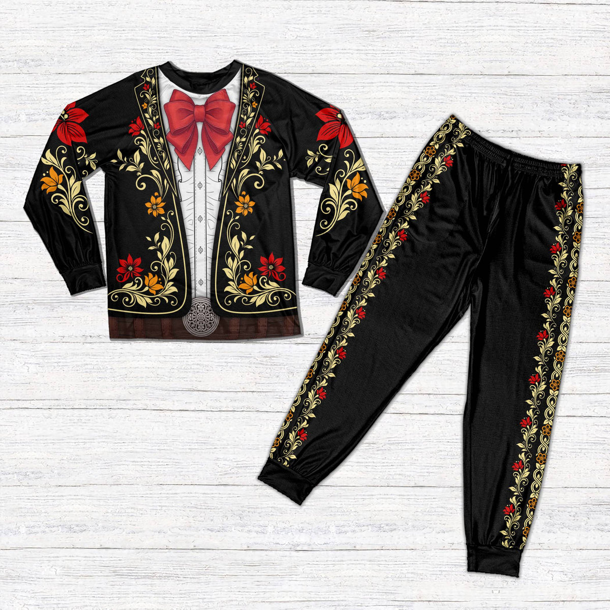 Matching family pajamas featuring a black faux mariachi suit day of the dead pajama set
