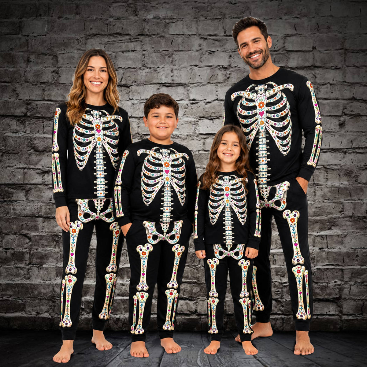 Lifestyle view of a family wearing the matching christmas pajamas for the whole family alternative floral skeleton sets