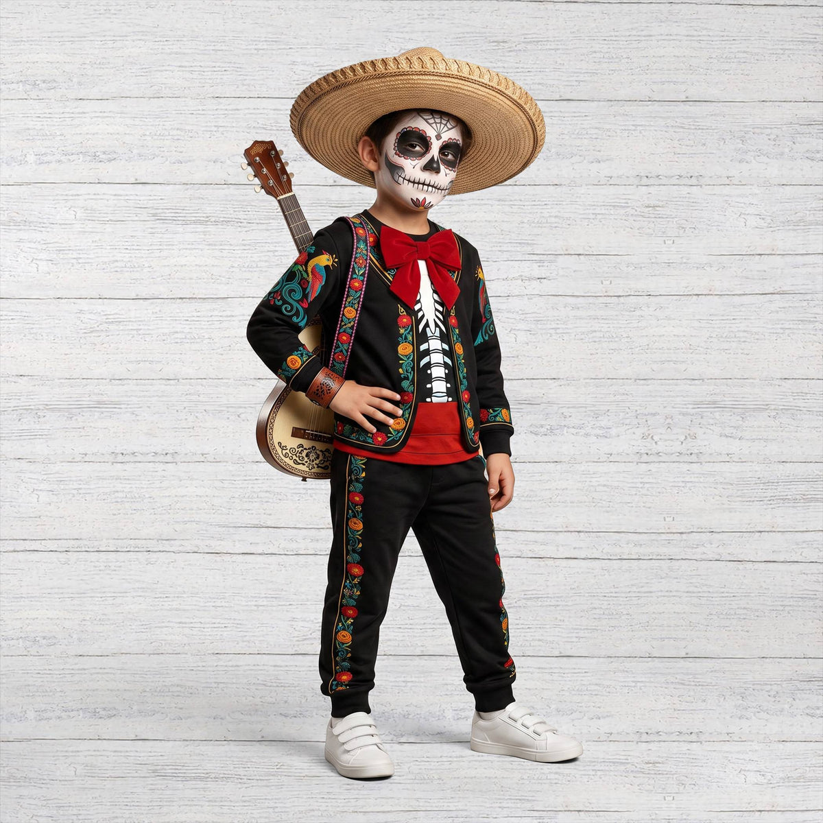 Second lifestyle view of the Day of the Dead family pajama sets.