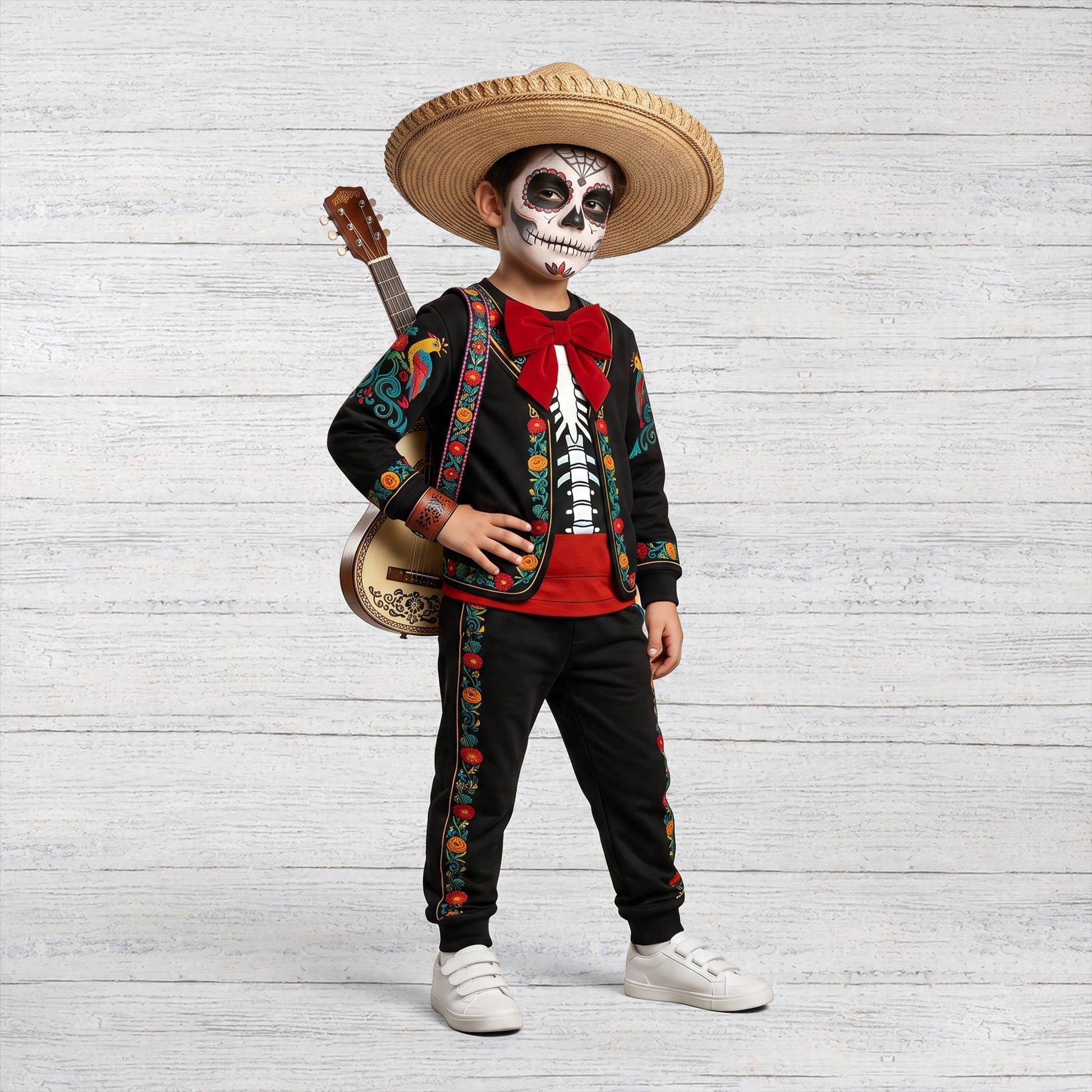 Second lifestyle view of the Day of the Dead family pajama sets.