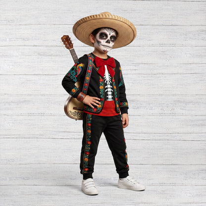 Second lifestyle view of the Day of the Dead family pajama sets.