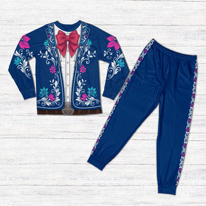Front view of the blue faux mariachi suit pajama set
