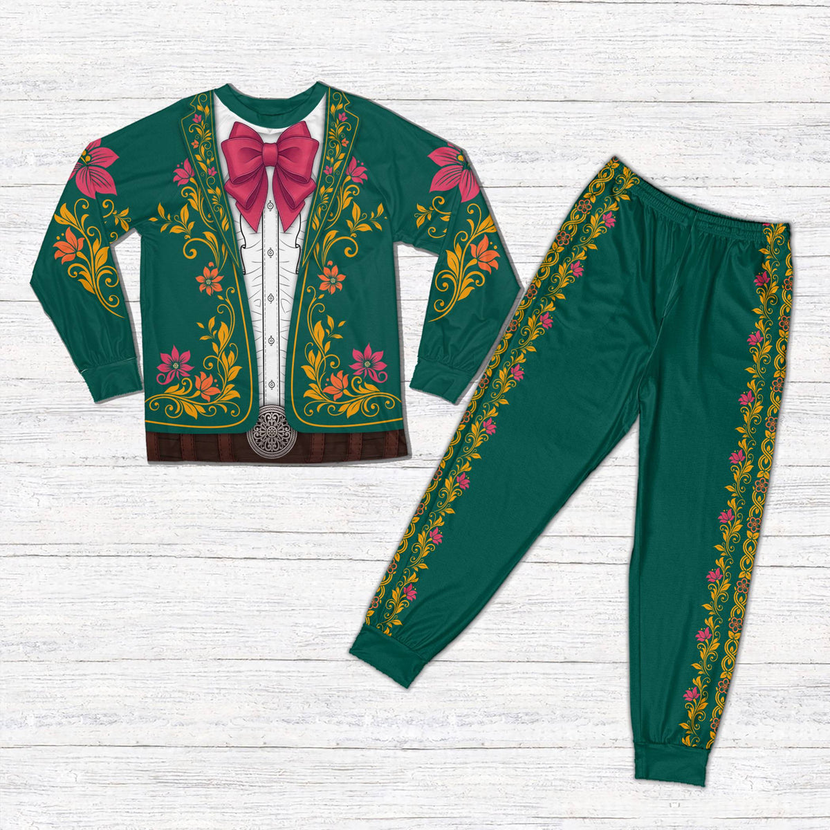 Front view of the green faux mariachi suit pajama set