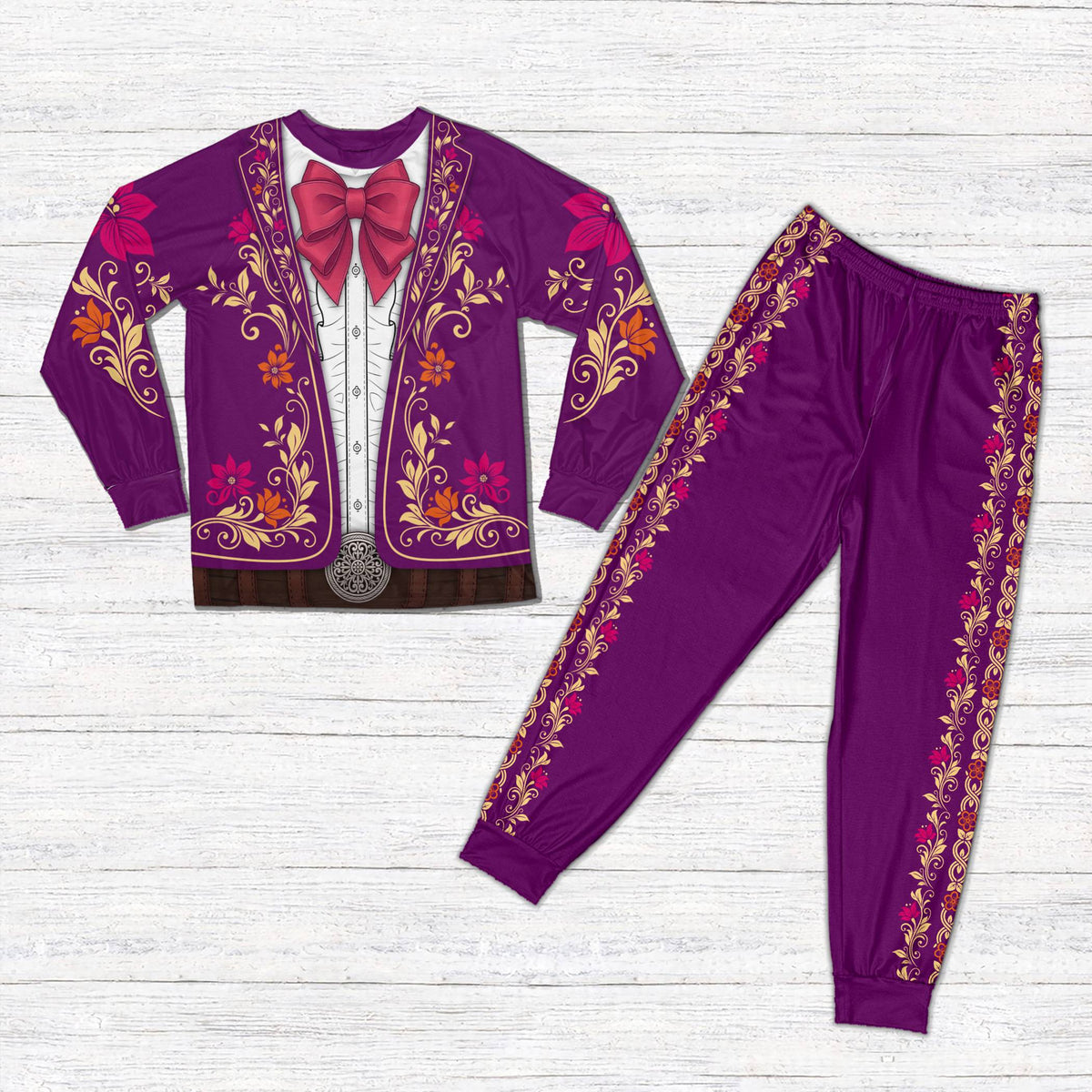 Front view of the purple faux mariachi suit pajama set with floral patterns