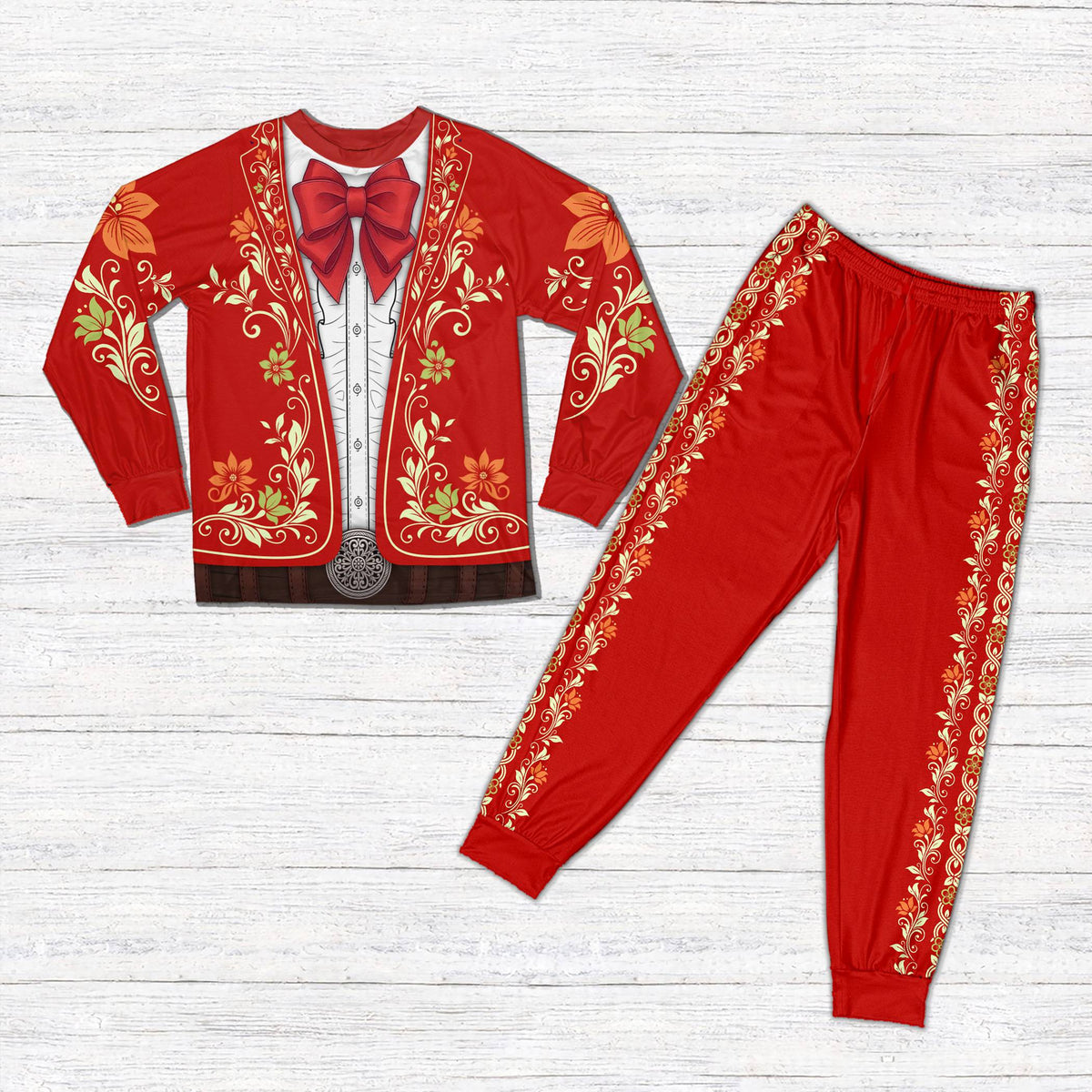 Front view of the red faux mariachi suit pajama set