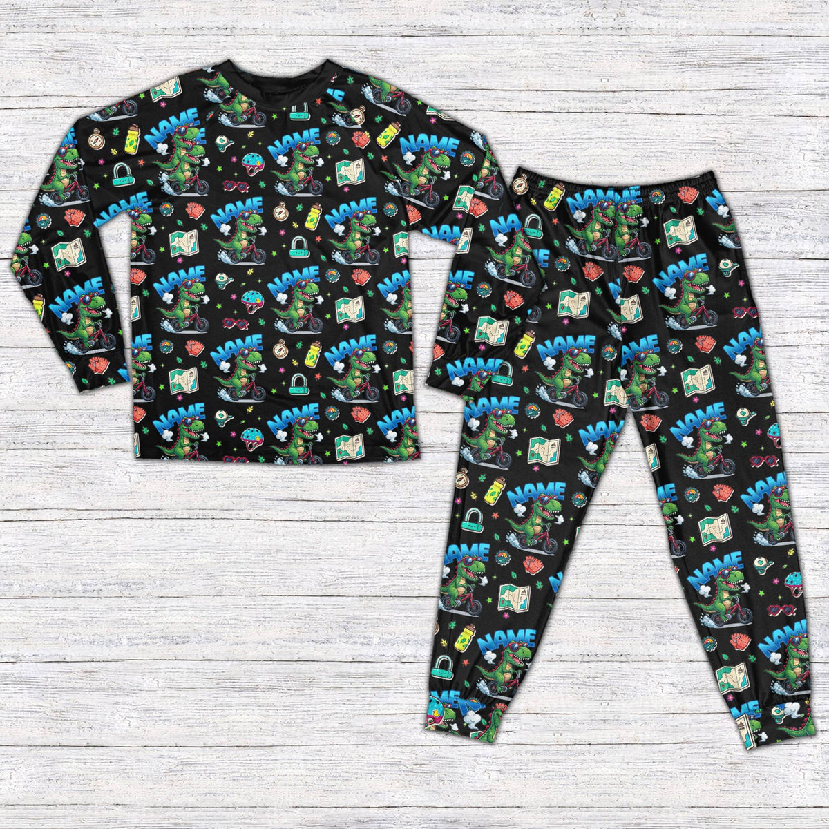 Dinosaur bike pajama set in black for matching family, front view