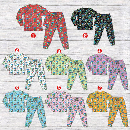 Dinosaur bike pajama set in multicolor for matching family, other view