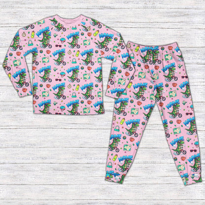 Dinosaur bike pajama set in pink for matching family, front view