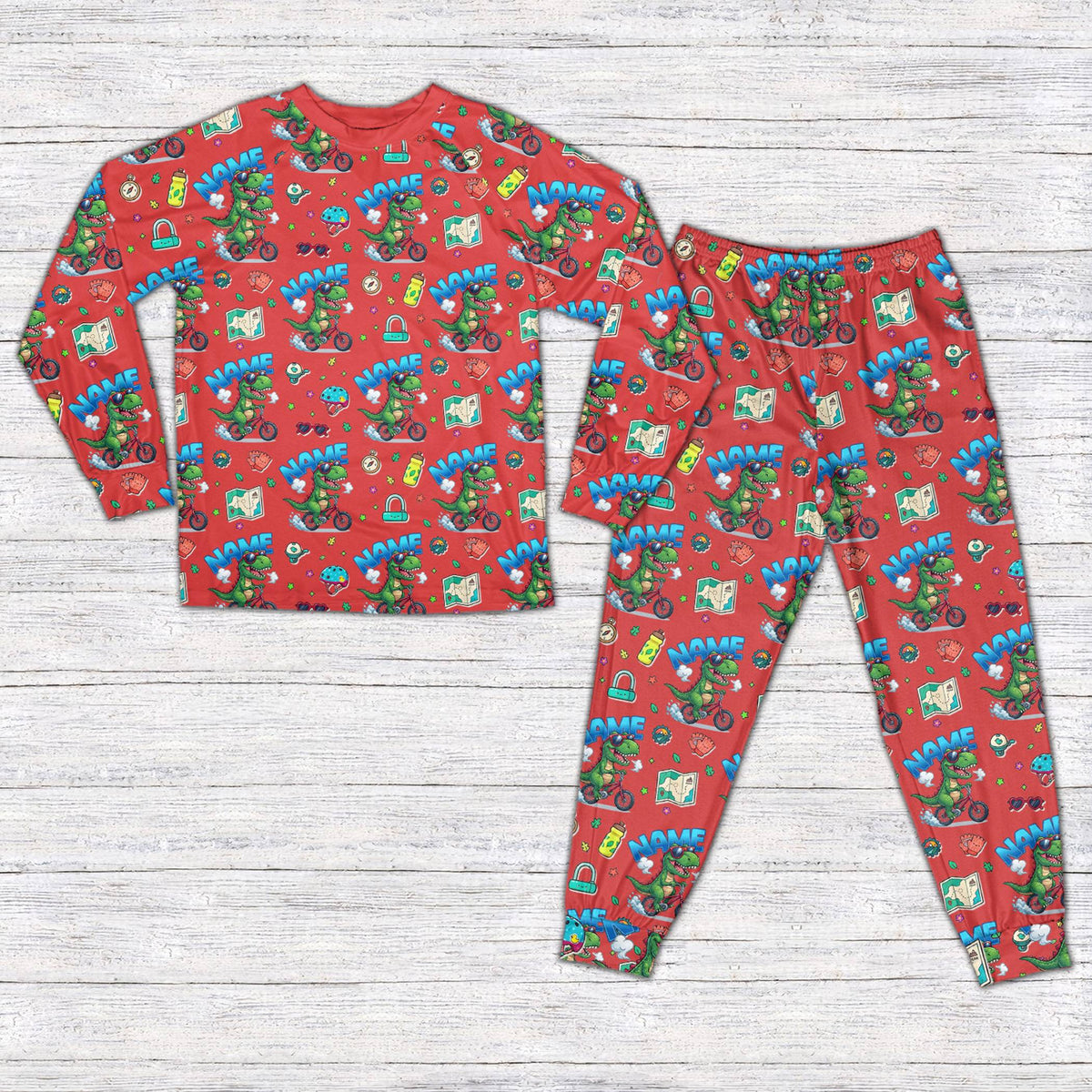 Dinosaur bike pajama set in red for matching family, front view