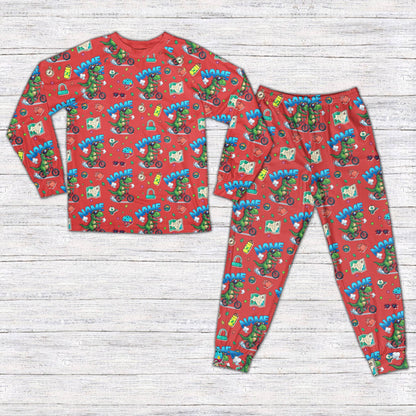 Dinosaur bike pajama set in red for matching family, front view
