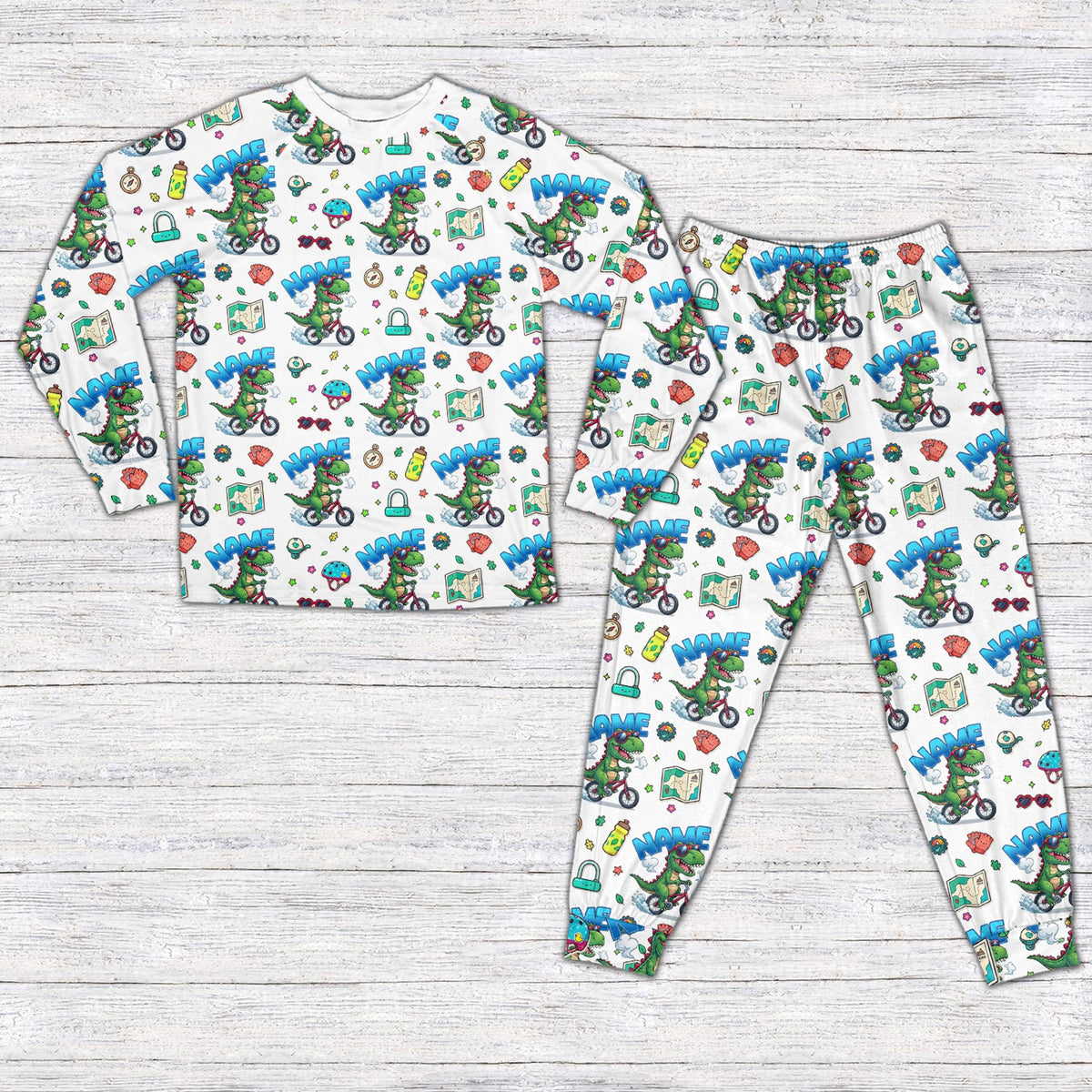 Dinosaur bike pajama set in white for matching family, main view