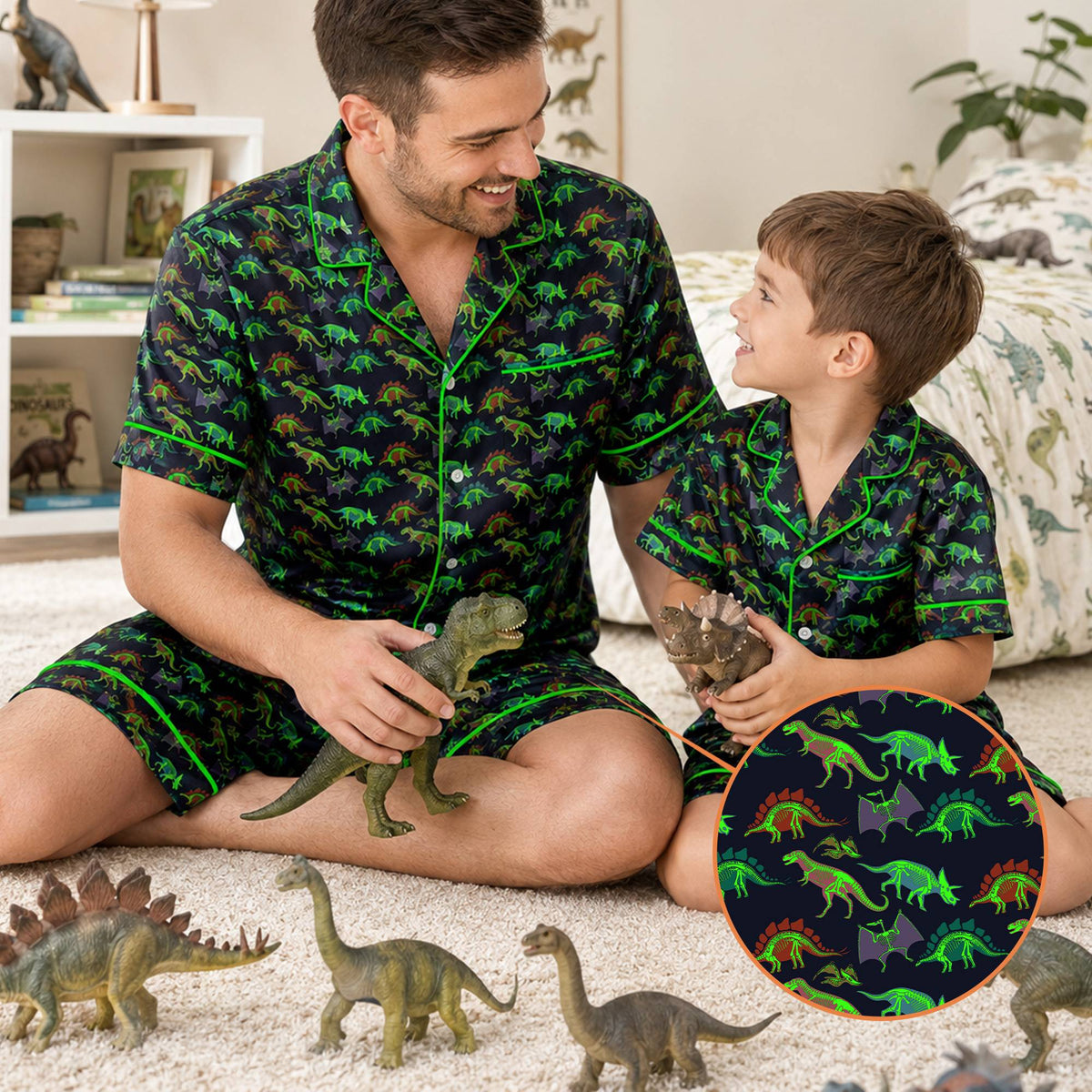 Close-up lifestyle view showing the colorful dinosaur skull design on the pajama set