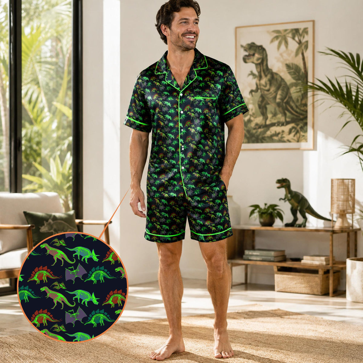 Lifestyle view of the dinosaur pajama set showcasing the bright green piping details on the collar