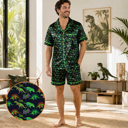 Lifestyle view of the dinosaur pajama set showcasing the bright green piping details on the collar