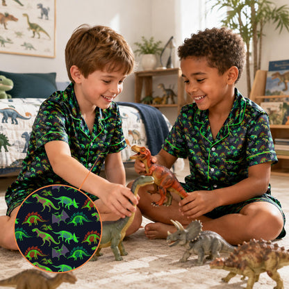 Side lifestyle view of the dinosaur pajama set displaying the repeating T-Rex and Triceratops print