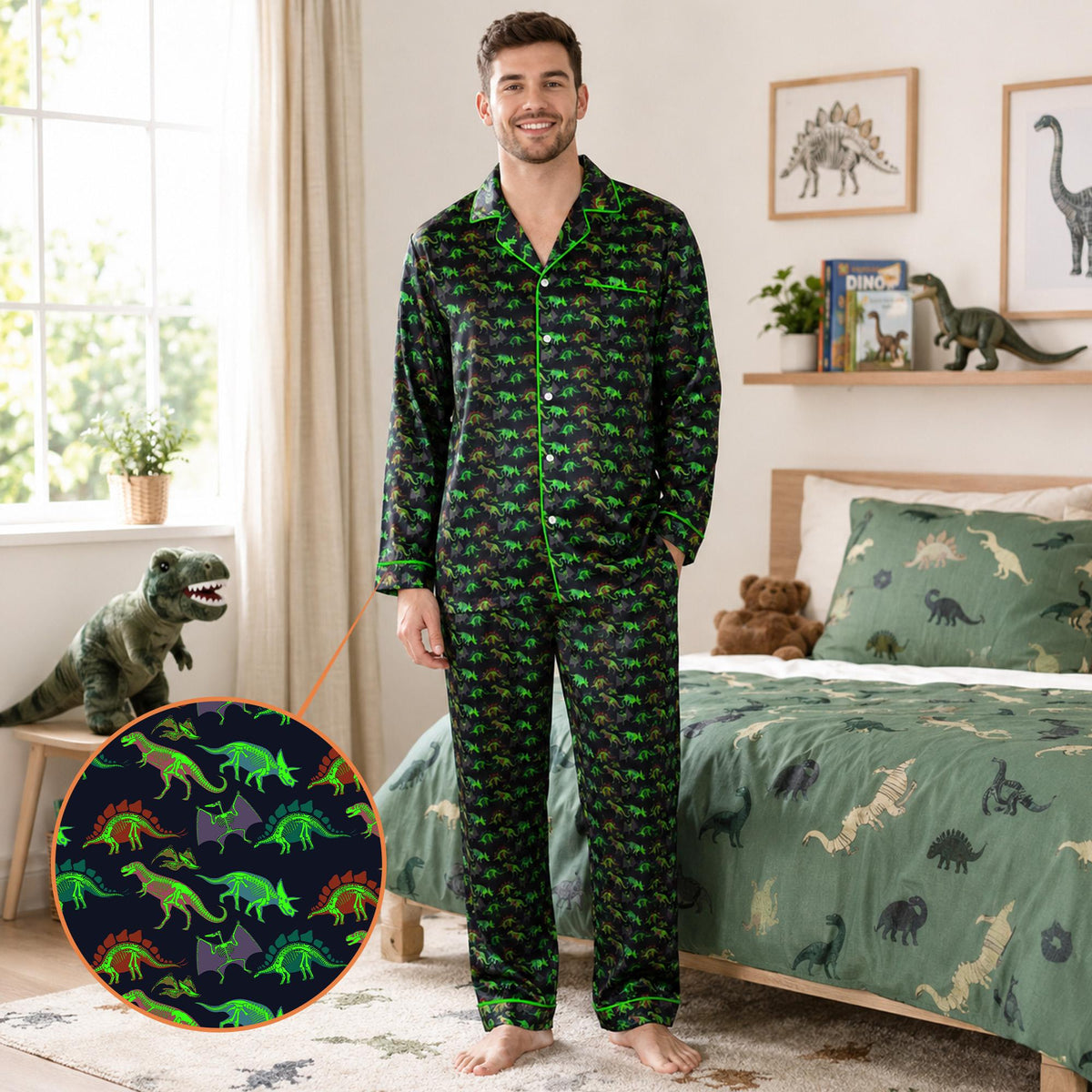 Lifestyle image focusing on the pajama set's button-up placket and pocket detail